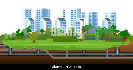 Pipeline à diverses fins.Ingénierie des bâtiments de ville.Partie souterraine du système.Vecteur d'illustration isolé Illustration de Vecteur