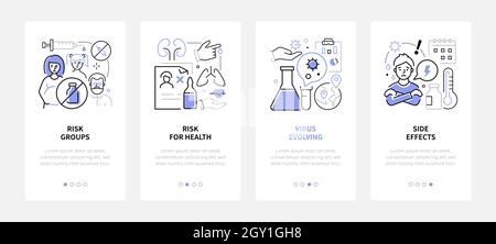 Vaccination - jeu de bannières style moderne. Écrans d'une application mobile dédiée à la vaccination. Illustrations noires et bleues avec espace de copie pour Illustration de Vecteur