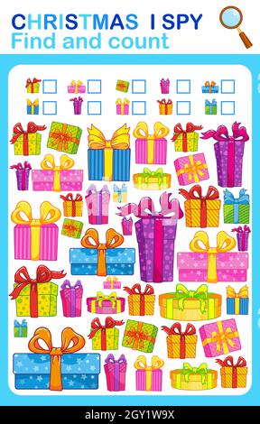 Feuille de travail imprimable pour la maternelle et le livre préscolaire. J'espionne, jeu d'enfants. Comptez le nombre de boîtes-cadeaux de dessin animé et écrivez le résultat Illustration de Vecteur