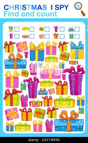 Feuille de travail imprimable pour la maternelle et le livre préscolaire. J'espionne, jeu d'enfants. Comptez le nombre de boîtes-cadeaux de dessin animé et écrivez le résultat Illustration de Vecteur