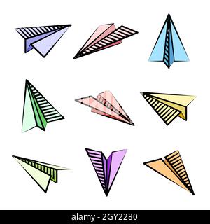 Différents plans de papier dessinés à la main. Des avions colorés. Icône avion, silhouettes avion simples. Contour, illustration vectorielle. Illustration de Vecteur