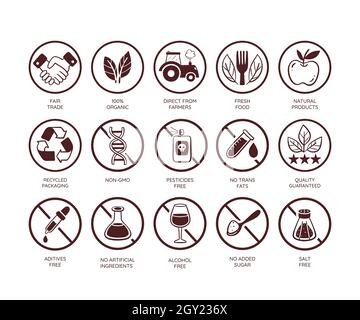 Ensemble d'icônes de qualité des aliments. Les qualités des aliments et leur production. Sans substances nocives. Produits frais et naturels. Icônes vectorielles dessinées à la main. Illustration de Vecteur