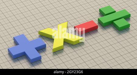 Symboles mathématiques signes mathématiques de base colorés sur fond carré de grille. Calcul, opérations mathématiques concept. illustration 3d Banque D'Images