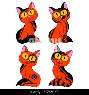 Quatre chats cartoon différents pour Halloween en noir et orange couleurs isolées sur fond blanc, image des animaux de compagnie Illustration de Vecteur