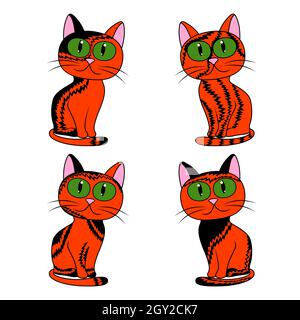 Quatre chats animés amusants pour Halloween isolés sur fond blanc, image noire et orange des animaux de compagnie Illustration de Vecteur