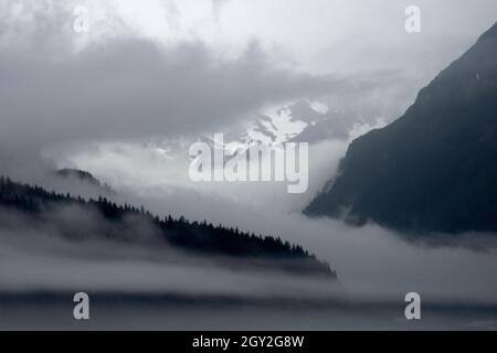 Brouillard épais sur la côte de l'île Fox, Resurrection Bay, Seward, Alaska, États-Unis Banque D'Images