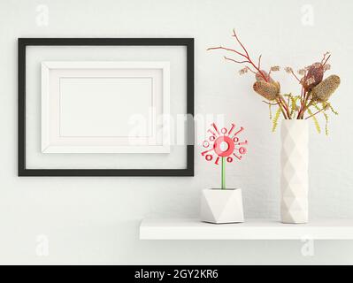 Maquette de cadre d'affiche dans le cadre d'image sur un mur en plâtre avec vase en céramique avec fleurs et fleur numérique dans un pot; orientation paysage rendu 3d Banque D'Images