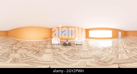 carte d'environnement panoramique à 360 degrés de l'intérieur moderne de l'appartement orange 3d rendu illustration hdri hdri vr style Banque D'Images