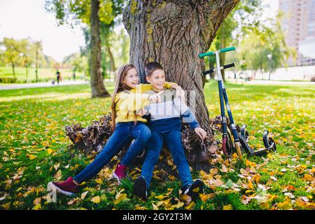 Amis enfants posant heureux assis sous un arbre dans un parc d'automne à côté de kick scooters.Enfants heureux.Transport écologique.Activités de plein air avec lits jumeaux.Bro Banque D'Images