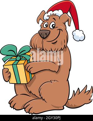 Illustration de dessin animé du personnage animal de chien avec cadeau à l'heure de Noël Illustration de Vecteur