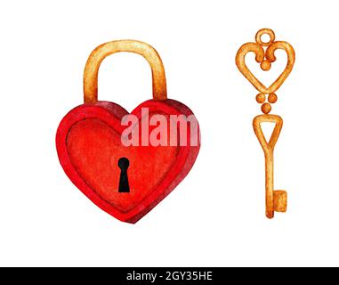 Illustration aquarelle d'un cadenas en forme de coeur rouge et d'une clé dorée.Cadenas fermé et clé isolée sur fond blanc, pour mariage, Valentin Banque D'Images