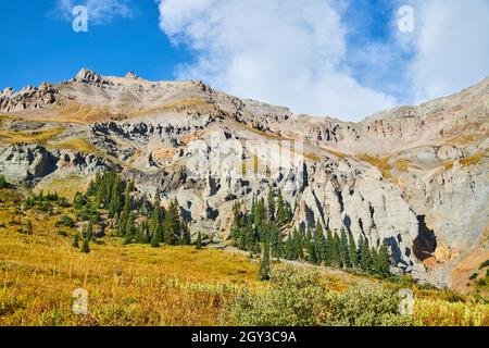 Belle vue sur la chaîne de montagnes de pierre grise, les plantes du désert jaune et les pins Banque D'Images
