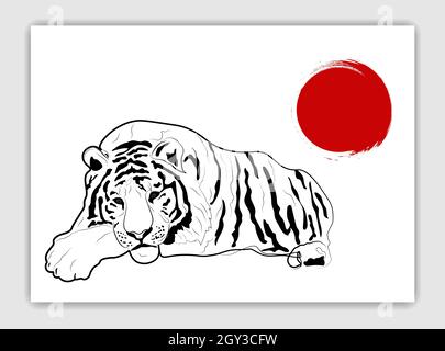 Tigre chinois couché avec soleil rouge.Carte postale de style contour.Illustration stylisée d'un vecteur noir et blanc. Illustration de Vecteur
