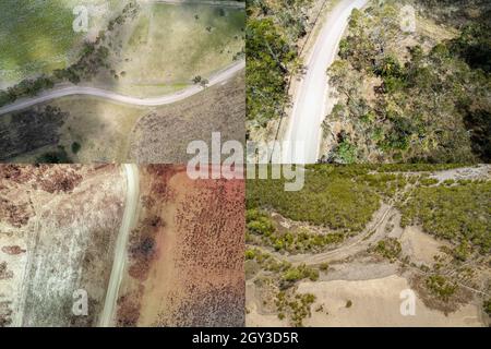 Des routes et des pistes de terre à travers le Bush, en haut vers le bas, des modèles de paysage aérien de drone collage Banque D'Images