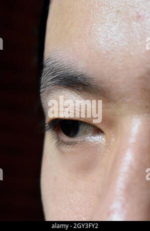 Asiatique du Sud-est, jeune homme chinois avec un seul paupière ou un seul monoïde.Un monolid signifie qu'il n'y a pas de ligne de pli visible sous la zone du front. Banque D'Images