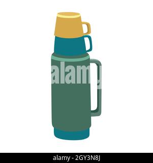 En plus, il y a un thermos vert et bleu, sur lequel il y a 2 tasses en plastique illustration vectorielle Illustration de Vecteur