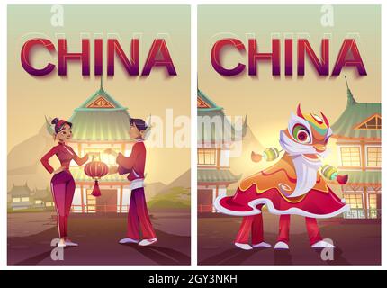 La Chine voyage des affiches de dessins animés avec la danse du lion et des gens dans les costumes traditionnels et lanterne rouge dans le village chinois.Excursion asiatique, invitation à la célébration lunaire du nouvel an illustration du vecteur Illustration de Vecteur