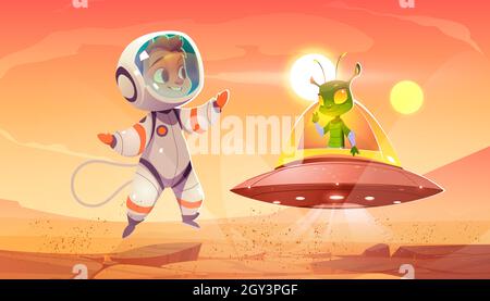 Un enfant étranger et un astronaute se rencontrent sur la planète rouge.Amis mignon martian et bébé cosmonaute dans l'espace costume salutation l'un l'autre.Amitié interstellaire extraterrestre, contact, illustration vectorielle de dessin animé Illustration de Vecteur