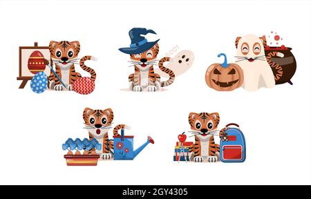 Un ensemble de petits tigres de dessin animé.Illustrations vectorielles pour différents événements et fêtes.Animaux mignons avec des choses d'école, de vacances et de style de vie Illustration de Vecteur