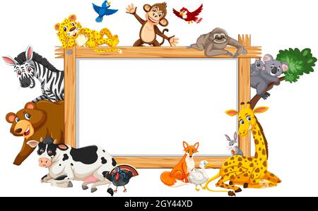 Cadre en bois vide avec diverses illustrations d'animaux sauvages Illustration de Vecteur
