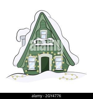 Maison d'hiver de dessin animé.Maison de noël en bois couverte de neige. Illustration de Vecteur