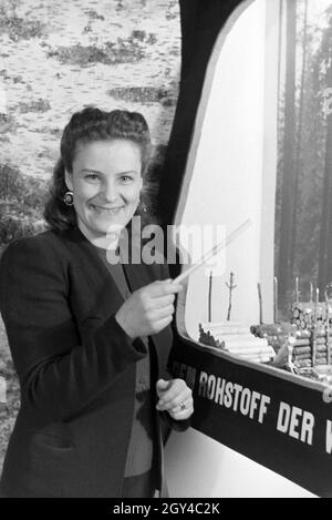 Eine der Leipziger Frühjahrsmesse Besucherin vor einem Modell der Rohstoffnutzung Holz, Deutschland 1941. Un visiteur de la Leipziger Frühjahrsmesse en face d'un modèle de l'utilisation de la matière première bois, Allemagne 1941. Banque D'Images