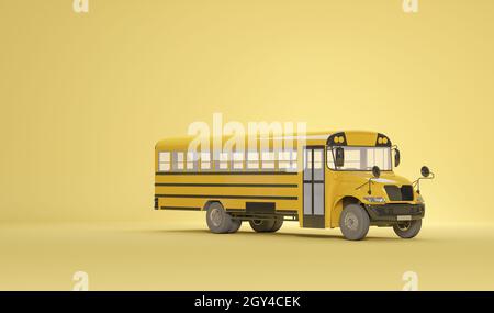 Bus scolaire isolé sur fond jaune pastel, concept de retourner à l'école.Illustration d'école isolée simple.Rendu 3d tendance pour le multimédia Banque D'Images