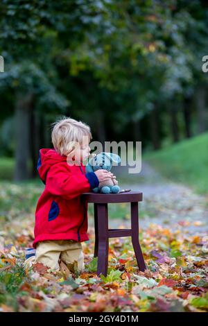 Petit enfant, garçon, jouant avec le jouet tricoté de chien amigurumi dans le parc d'automne, l'heure de l'automne Banque D'Images