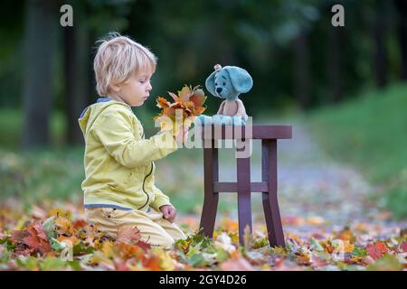 Petit enfant, garçon, jouant avec le jouet tricoté de chien amigurumi dans le parc d'automne, l'heure de l'automne Banque D'Images