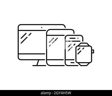 Ensemble de dispositifs électroniques.Bureau, tablette, téléphone et montre intelligente.Conception réactive multi-appareils.Pixel parfait, contour modifiable. Illustration de Vecteur
