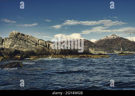 pêche en norvège, selje.Un paradis pour les vacances de pêche. Profitez du paysage à couper le souffle en bateau.Montagnes, mer, fjord et poissons. Banque D'Images