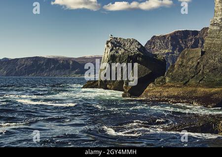 pêche en norvège, selje.Un paradis pour les vacances de pêche. Profitez du paysage à couper le souffle en bateau.Montagnes, mer, fjord et poissons. Banque D'Images