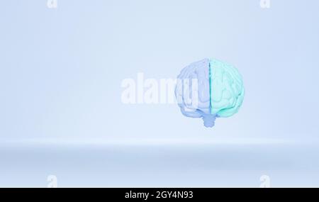 Cerveau humain minimal cerveau gauche et droit couleur distincte isolée sur fond pastel.Illustration 3d du modèle anatomique du cerveau humain, bande dessinée de pensée Banque D'Images