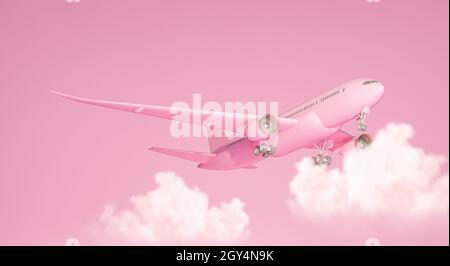 Avion rose pastel volant dans le ciel avec des nuages .Décollage d'avion et arrière-plan pastel.Concept d'idée minimale.Concept de compagnie aérienne passagers d'avion de voyage. Banque D'Images