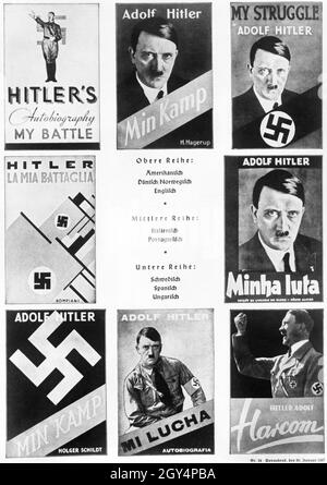 Le travail idéologique d'Hitler dans diverses traductions.De gauche à droite : anglais américain, danois, anglais, italien, portugais,Suédois, espagnol, hongrois.(photographie non datée) [traduction automatique] Banque D'Images