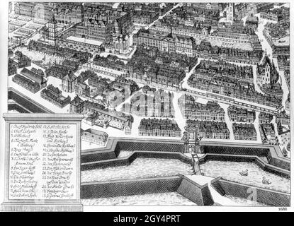 Cette vieille carte de la ville de Johann Bernhard Schultz montre Berlin en 1688 avec, entre autres: Kürfürstliches Residenzschloss (1), Domkirche (14), Nikolaikirche (15) et Mühlendamm (23).Réimprimé par la Société pour l'Histoire de Berlin.[traduction automatique] Banque D'Images