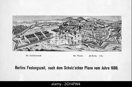 Cette vieille carte de la ville de Johann Bernhard Schultz montre Berlin en 1688 avec ses fortifications.Sur la gauche se trouve l'extension de la ville par le Dorotheenstadt, sur la droite les vieux quartiers Friedrichswerder, Alt-Berlin et Cöln (Alt-Kölln).[traduction automatique] Banque D'Images