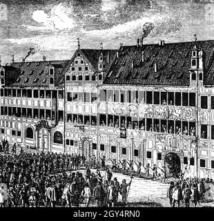 Ce dessin montre la Fuggerhaus, devant laquelle se déroule une parade, à Augsbourg en 1632.[traduction automatique] Banque D'Images