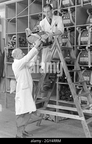 Des Gurtzeugs Fallschirms Auswahl von einer dans Fallschirm Näherei, 1940er Jahre Deutschland. En tenant le faisceau d'un parachute à un parachute de l'usine de couture, l'Allemagne des années 40. Banque D'Images