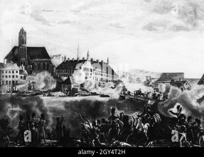 Ce tableau de Johann Lorenz Rugendas illustre la tempête du pont intérieur Isar à Landshut par les troupes franco-bavaroises le 21 avril 1809.Landshut avait déjà été occupé par des unités autrichiennes et a été repris par la bataille.La tour de l'église Saint-Martin s'est effondrée à la suite des combats.[traduction automatique] Banque D'Images