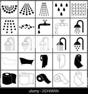 Ensemble de symboles silhouette de salle de bains.Forme noire de gouttes d'eau et de vaporisateurs, douche, baignoire, robinet et papier toilette.Illustration vectorielle isolée o Illustration de Vecteur