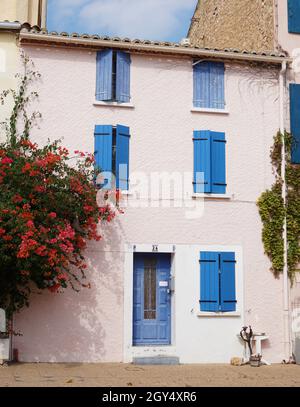 Façade de maison ornée de plantes aux fleurs rouges en fleur et avec des volets en bois bleu dans le village de Leucate, département de l'Aude, sud de la France Banque D'Images
