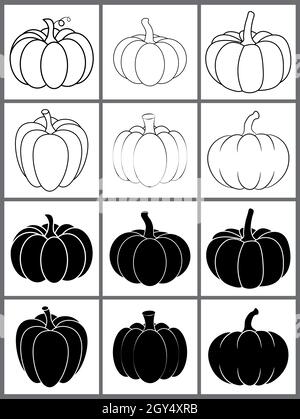 Ensemble de contours et d'icônes de silhouette de citrouille pour l'automne.Motif de légumes de forme noire et contour d'Halloween.Illustration vectorielle isolée sur fond blanc Illustration de Vecteur