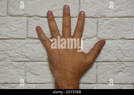 Paume de l'homme avec les doigts séparés, attaché à un mur peint en brique légère Banque D'Images
