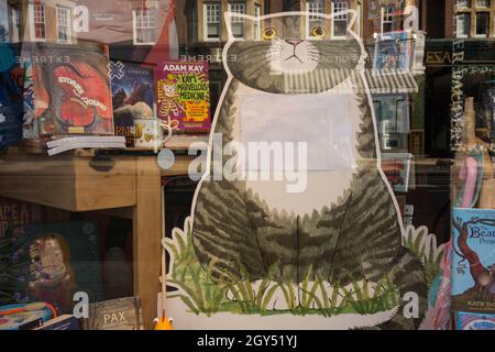 Judith Kerr's Mog The Forgetful Cat dans la fenêtre de la librairie Barnes, Church Road, Barnes, Londres, SW13,Angleterre, Royaume-Uni Banque D'Images