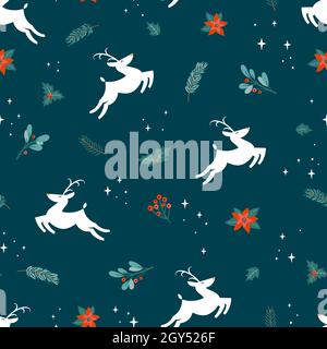 Joli motif de noël à la main sans couture avec renne blanc et décoration, branches, fleurs, baies, idéal pour les bannières,papiers peints, empaquetage, te Illustration de Vecteur
