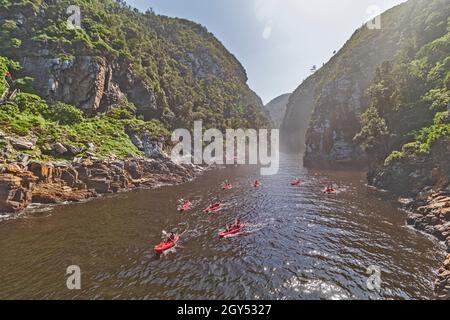 Vue sur la gorge de la rivière des tempêtes avec un groupe de kayakistes dans la rivière à la section du parc national de Tsitsikamma de Garden route en Afrique du Sud. Banque D'Images