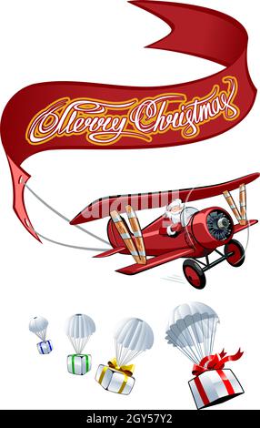 Vector Cartoon rétro avion de Noël avec bannière.Format vectoriel EPS-10 disponible, séparé par des groupes et des calques, pour un montage facile Illustration de Vecteur