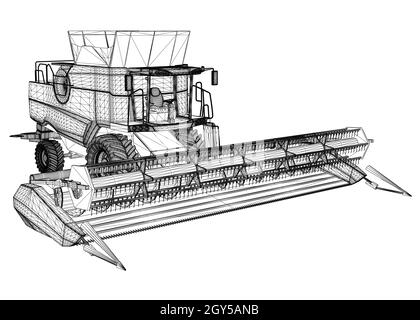 Combiner l'image filaire de la récolteuse à partir de lignes noires isolées sur fond blanc.3D.Illustration vectorielle. Illustration de Vecteur