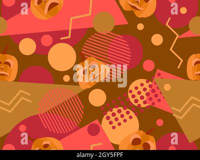 Formes géométriques avec citrouilles.Motif Halloween sans coutures dans le style memphis des années 80.Contexte de l'impression sur papier, matériel publicitaire et tissu.V Illustration de Vecteur